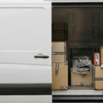 Van pengiriman terbuka penuh dengan kotak paket siap untuk jasa logistik